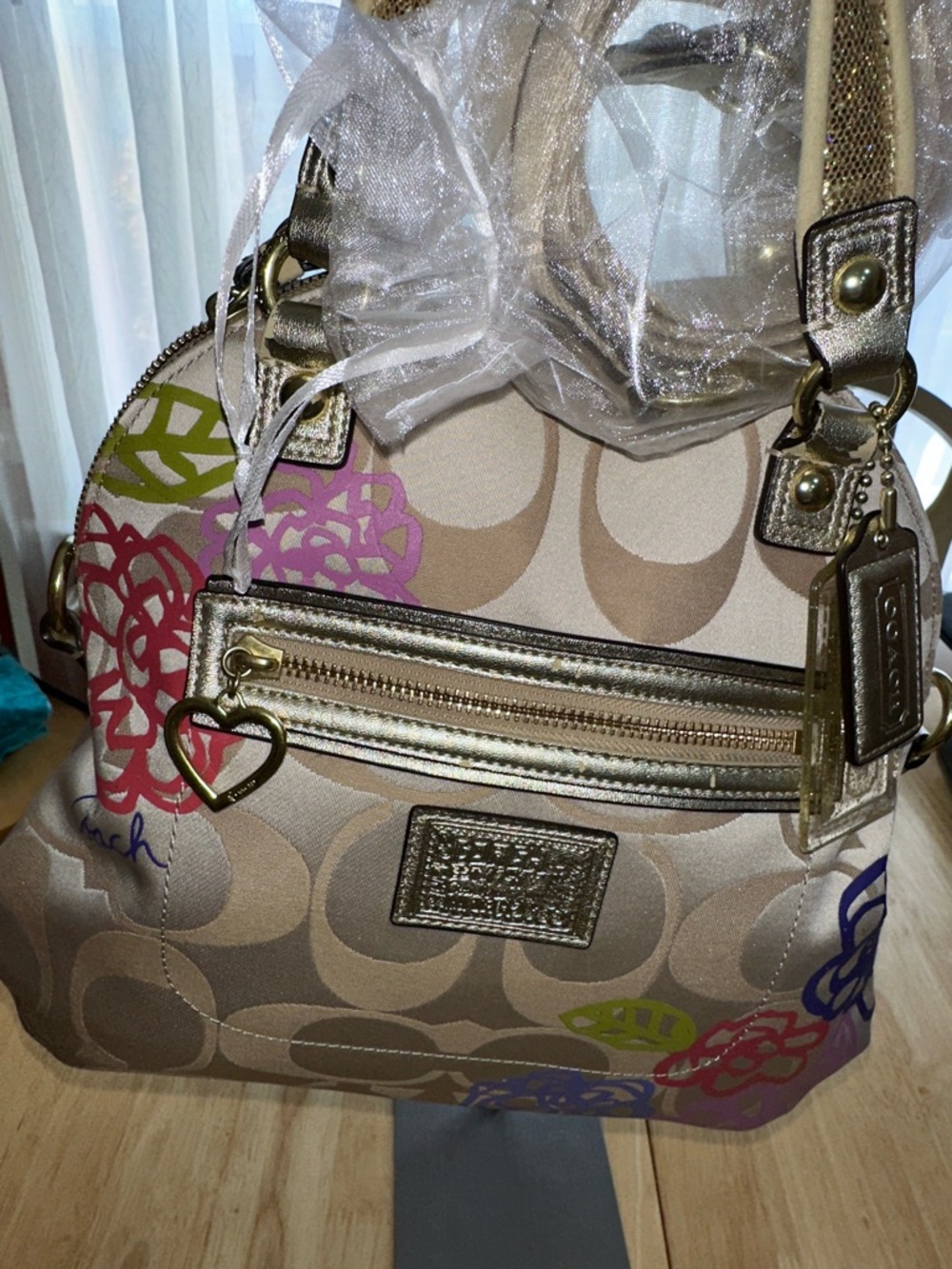 Coach Poppy 2012 Beige Signature Floral Satchel with Metallic Gold Accents